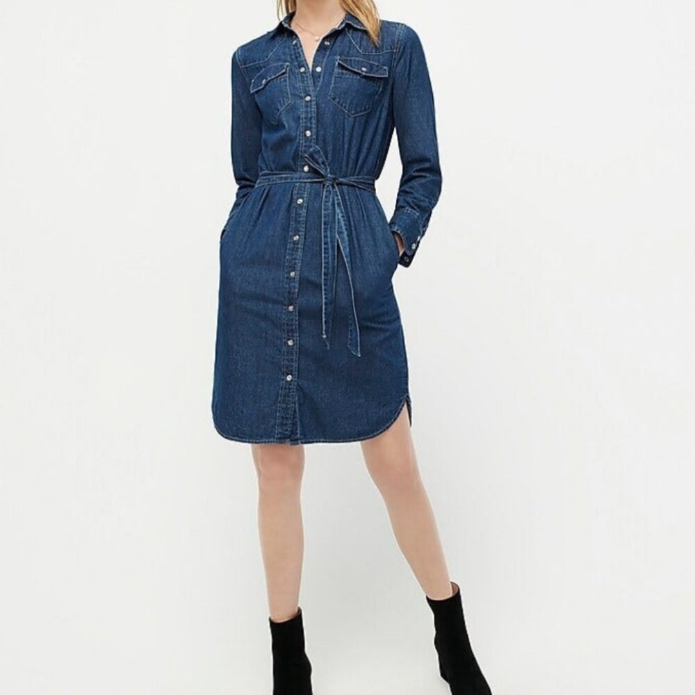 J Crew Denim Pearl Snap Western Style Shirtdress With Tie Belt Size 6 - Picture 3 of 14